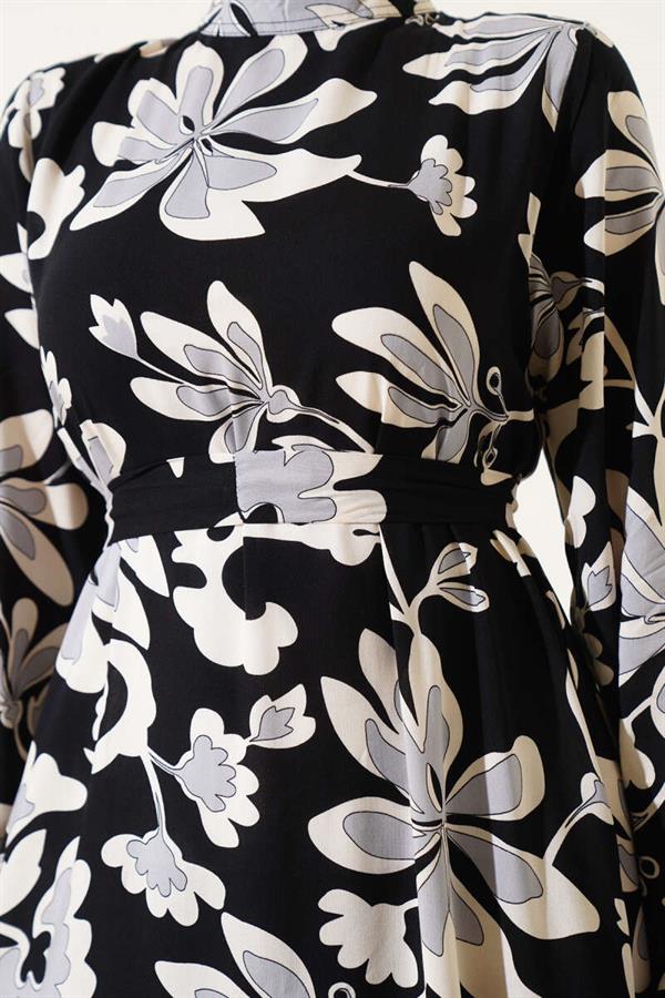 Flounce Patterned Belted Dress Black