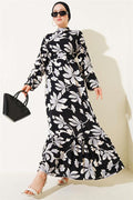 Flounce Patterned Belted Dress Black