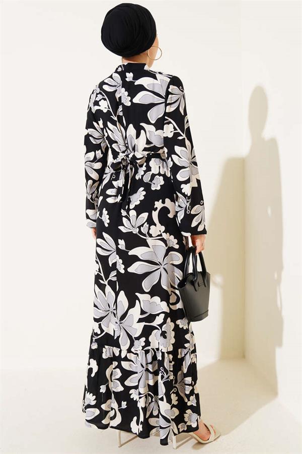 Flounce Patterned Belted Dress Black