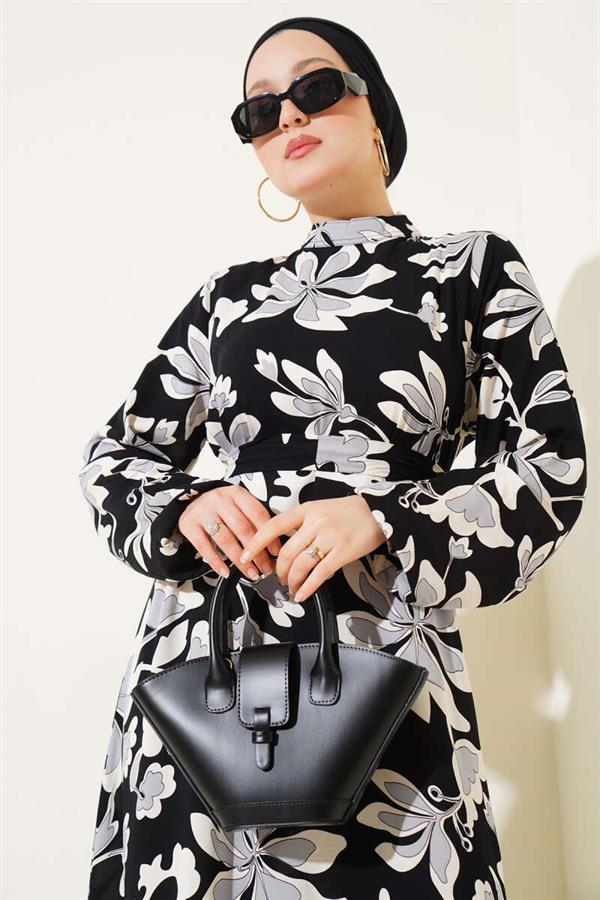 Flounce Patterned Belted Dress Black