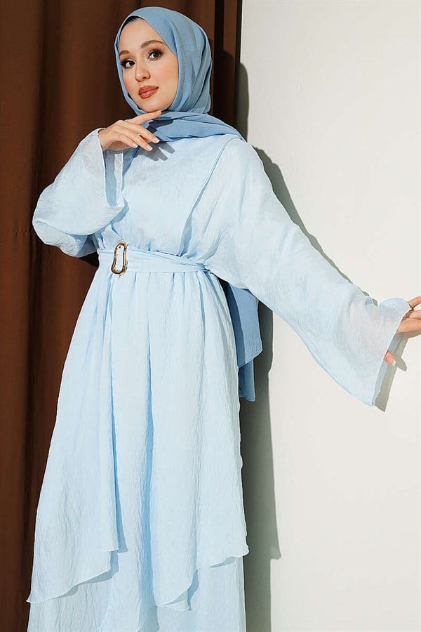 Baby Blue Dress with Ruffled Detail and Belt