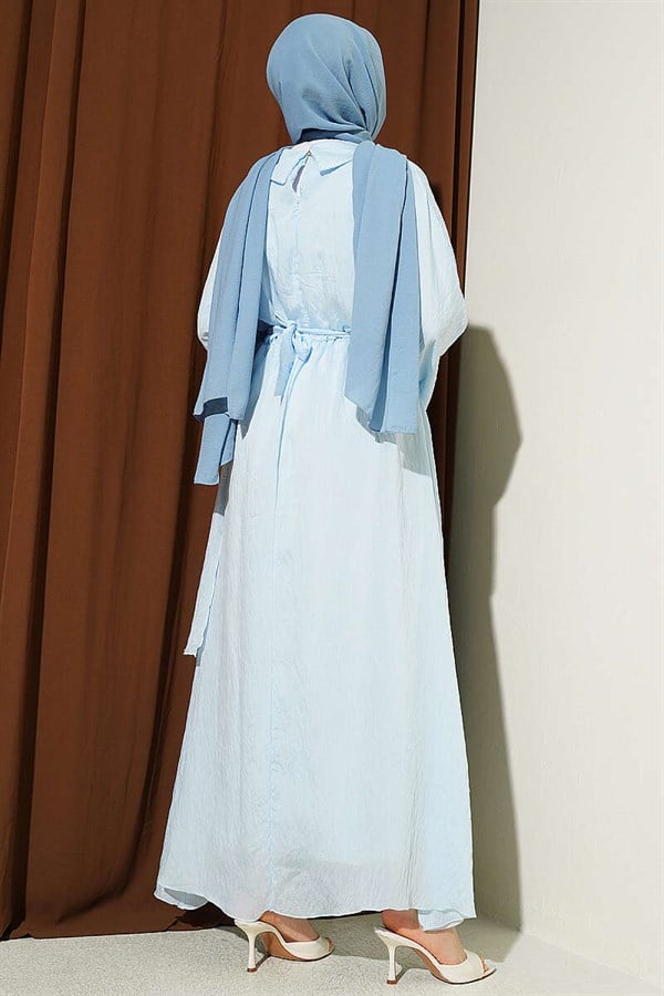 Baby Blue Dress with Ruffled Detail and Belt