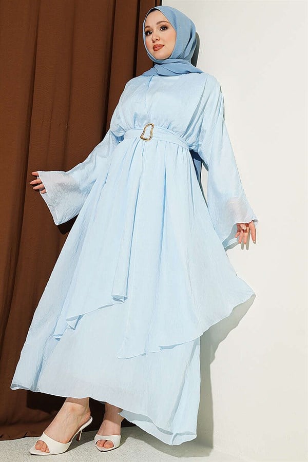 Baby Blue Dress with Ruffled Detail and Belt