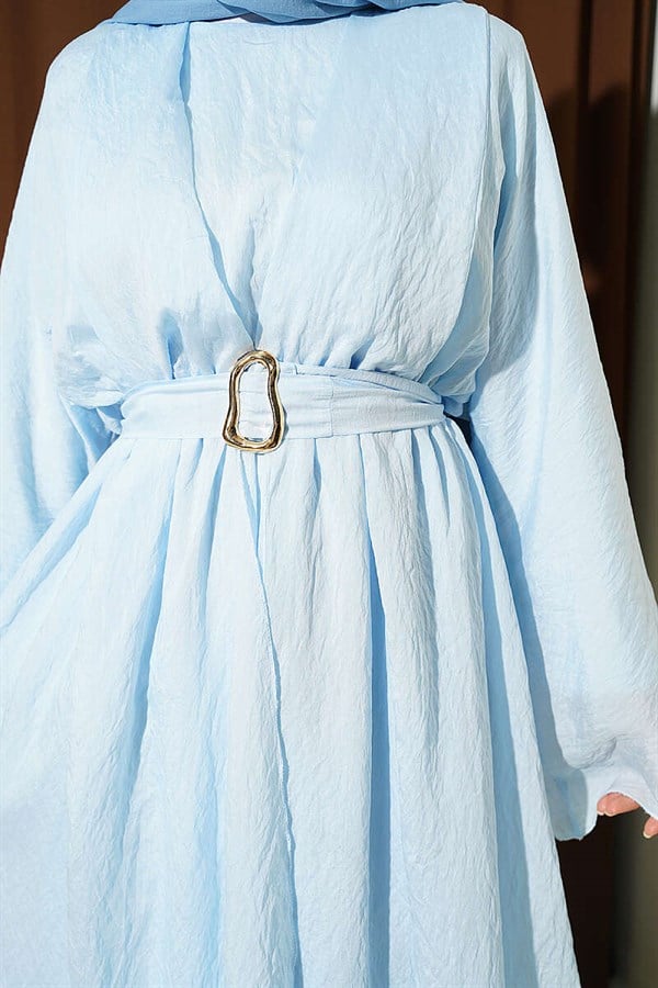 Baby Blue Dress with Ruffled Detail and Belt