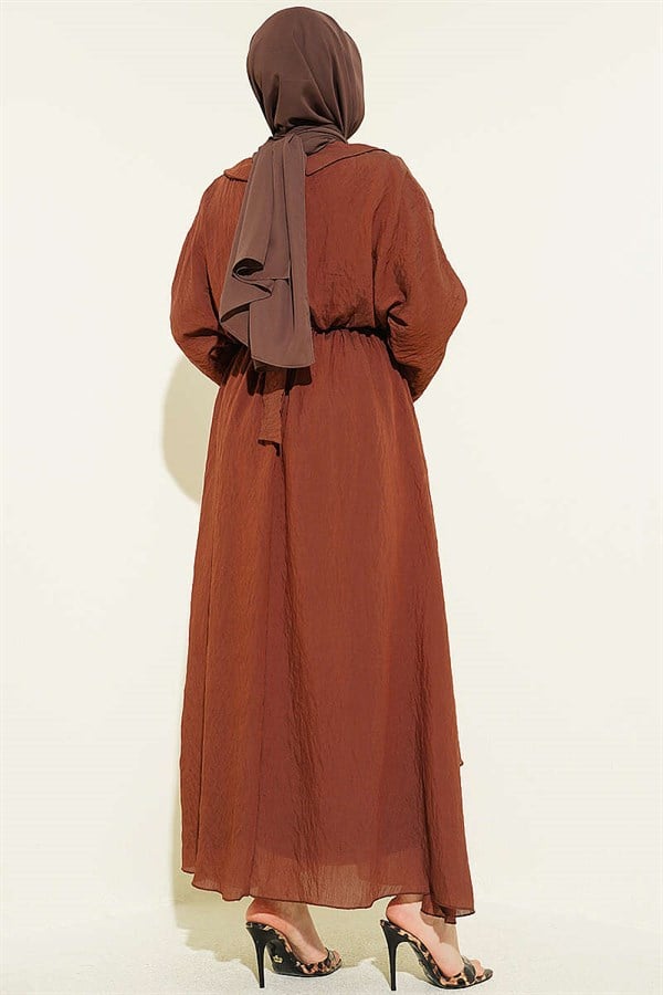 Brown Dress with Ruffled Details and Belt