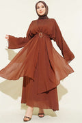 Brown Dress with Ruffled Details and Belt