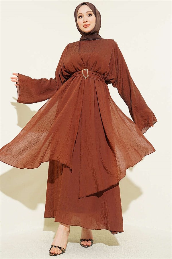 Brown Dress with Ruffled Details and Belt