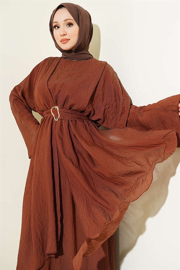 Brown Dress with Ruffled Details and Belt