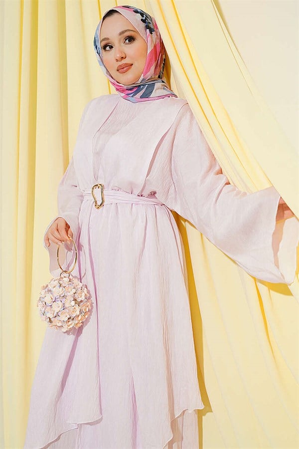 Pink Dress with Ruffled Detail and Belt