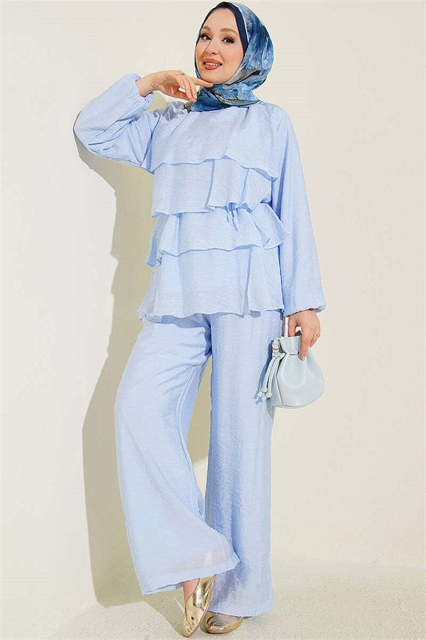 Layered Voile Belted 2 Piece Set Ice Blue