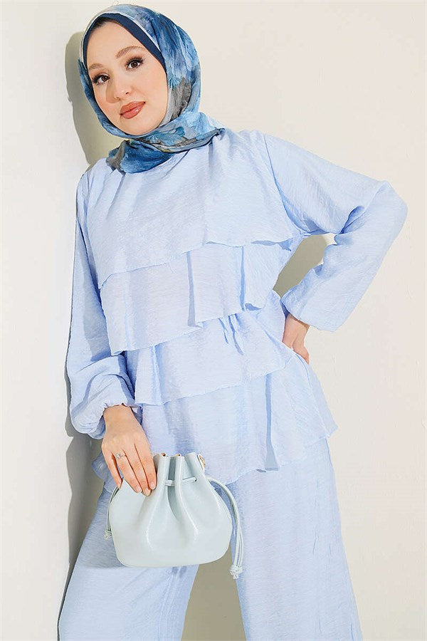 Layered Voile Belted 2 Piece Set Ice Blue