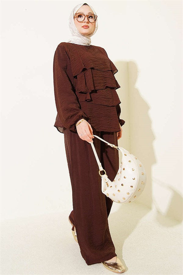 Layered Voile Belted 2 Piece Set in Coffee