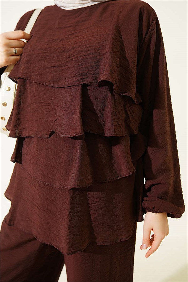 Layered Voile Belted 2 Piece Set in Coffee