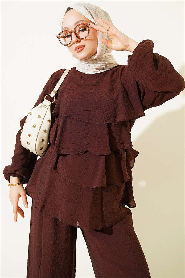 Layered Voile Belted 2 Piece Set in Coffee