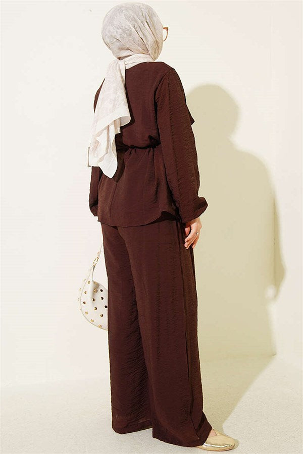Layered Voile Belted 2 Piece Set in Coffee