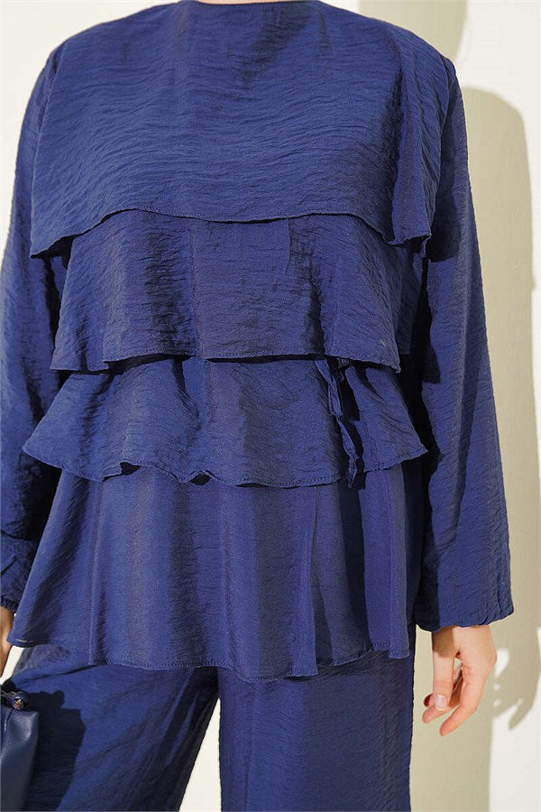 Layered Voile Belted 2 Piece Set, Navy Blue