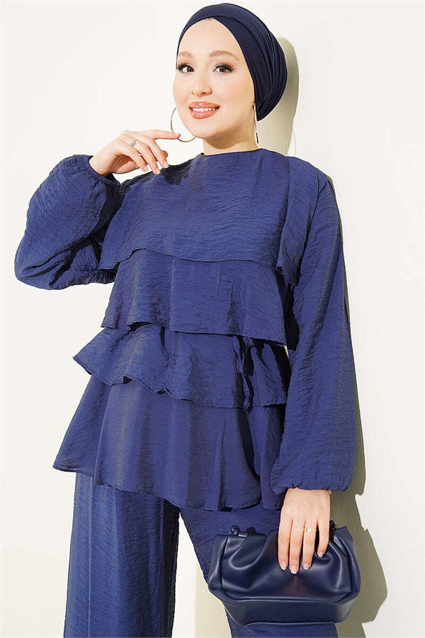 Layered Voile Belted 2 Piece Set, Navy Blue