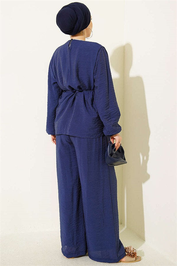 Layered Voile Belted 2 Piece Set, Navy Blue