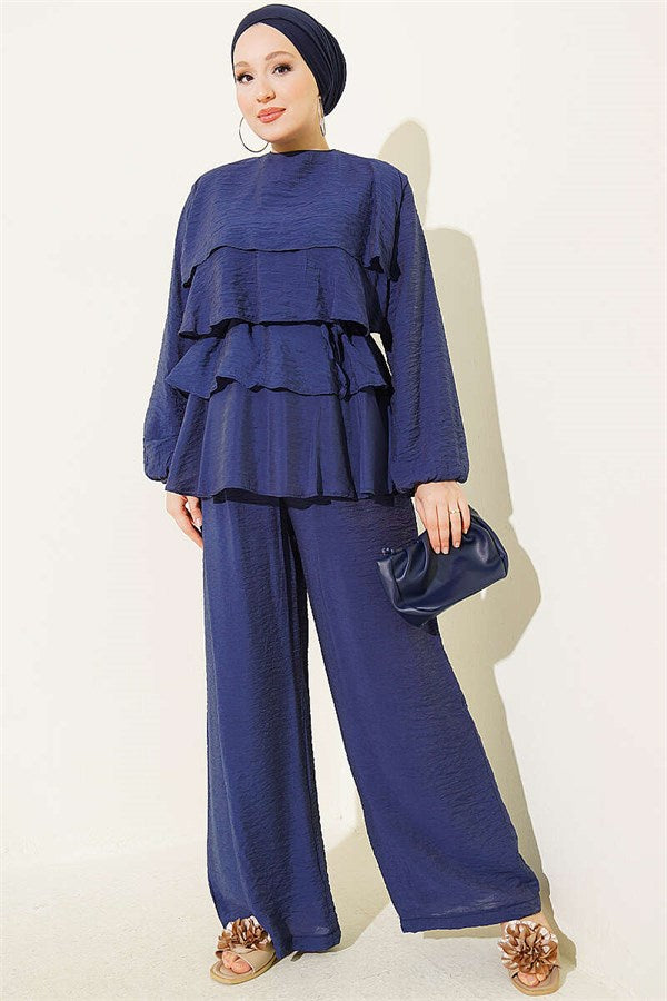 Layered Voile Belted 2 Piece Set, Navy Blue