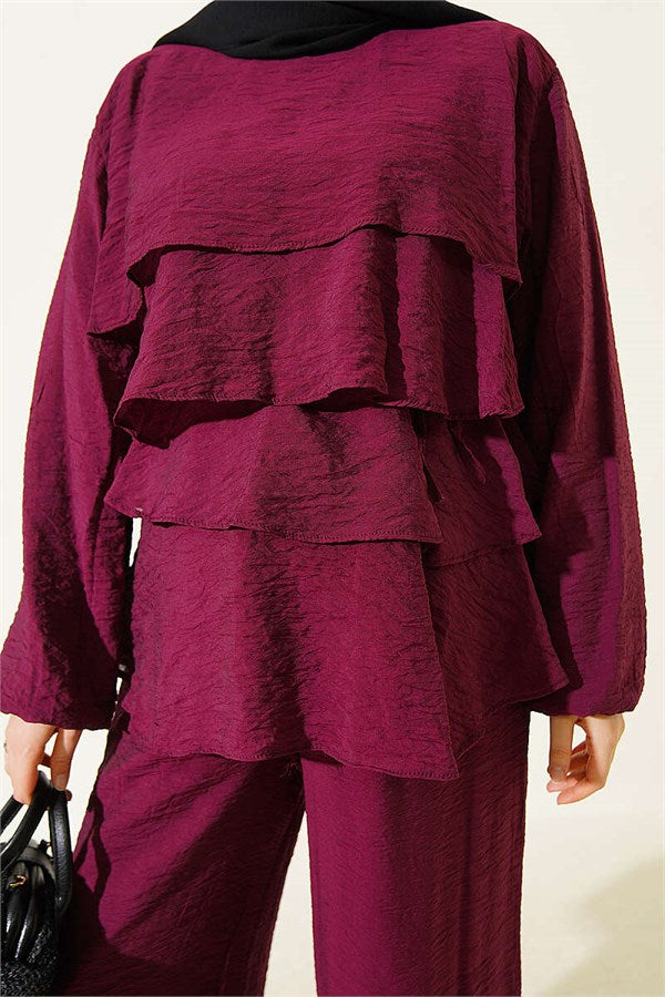 Layered Voile Belted 2 Piece Set, Plum