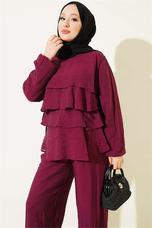 Layered Voile Belted 2 Piece Set, Plum
