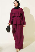 Layered Voile Belted 2 Piece Set, Plum