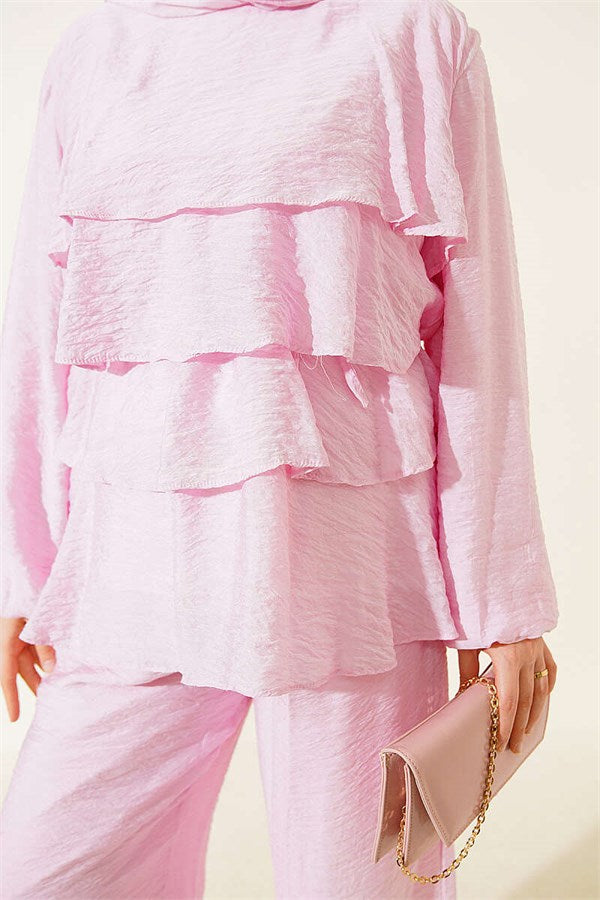 Layered Voile 2 Piece Set with Belt, Pink