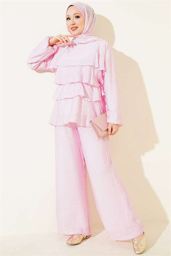 Layered Voile 2 Piece Set with Belt, Pink