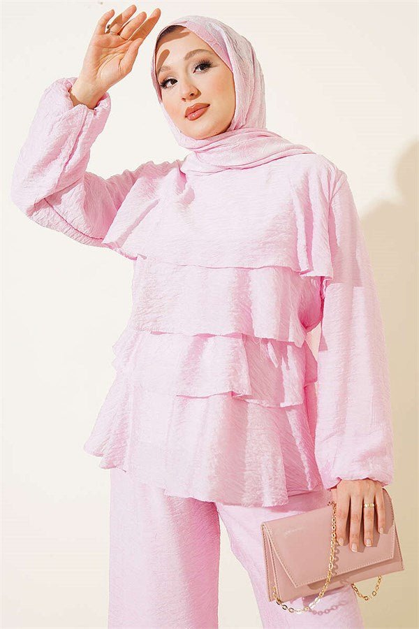 Layered Voile 2 Piece Set with Belt, Pink