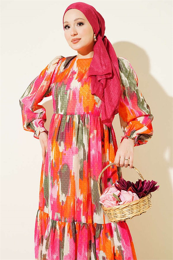 Watercolor Pom-Pom Dress Fuchsia