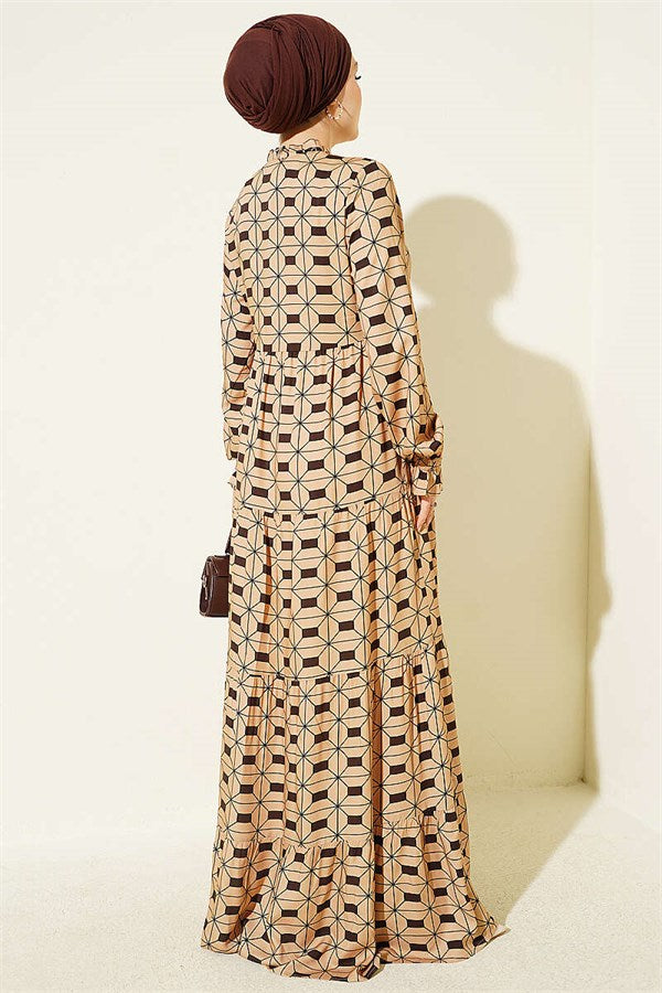 Camel Buttoned Dress with Neckline Drawstring