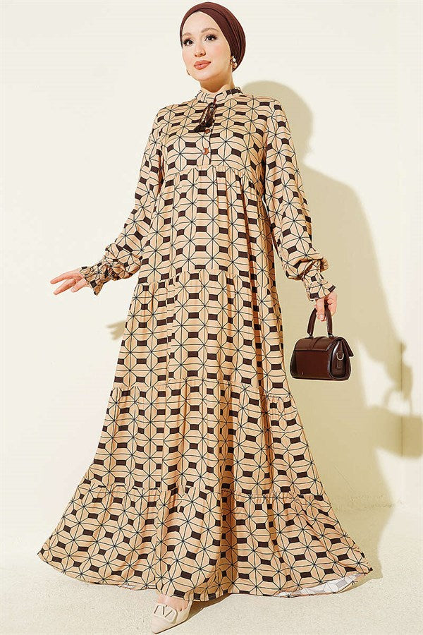 Camel Buttoned Dress with Neckline Drawstring