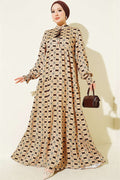 Camel Buttoned Dress with Neckline Drawstring
