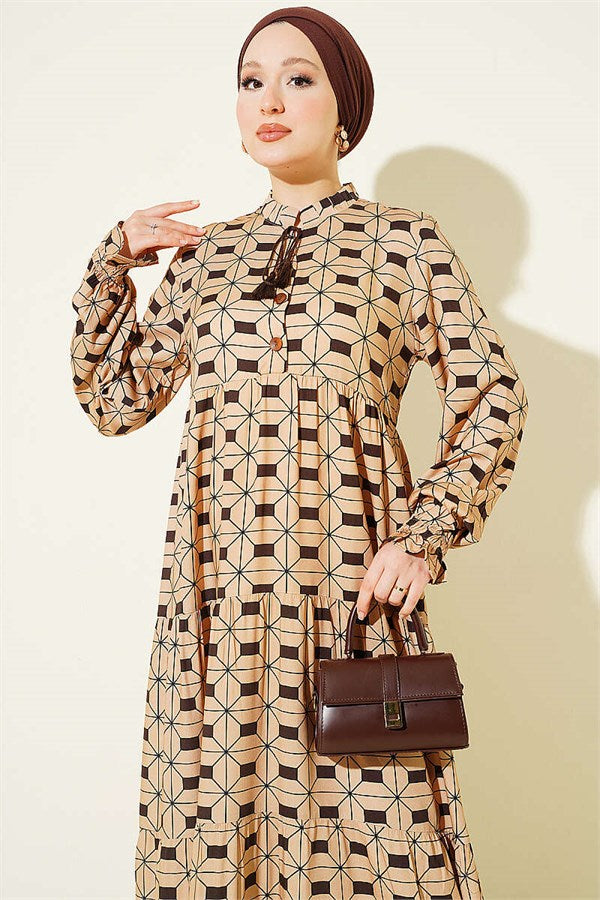 Camel Buttoned Dress with Neckline Drawstring