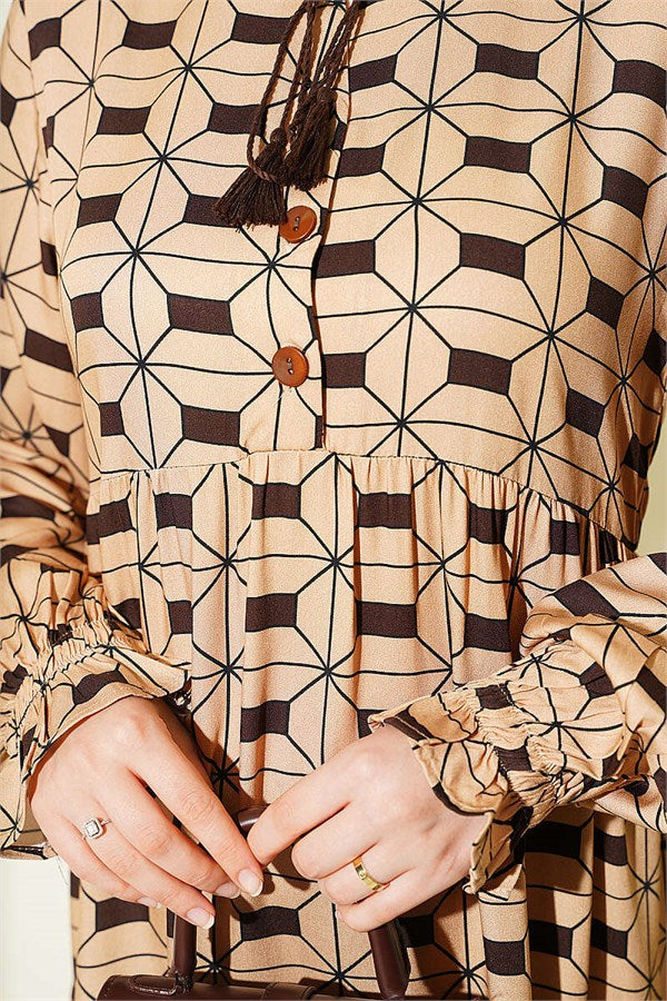 Camel Buttoned Dress with Neckline Drawstring