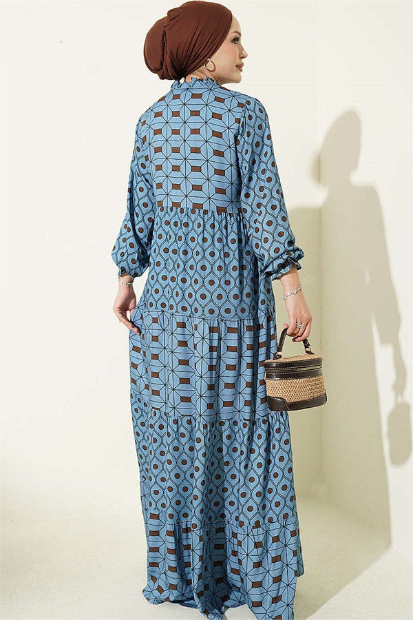 Blue Buttoned Dress with Neckline Tie