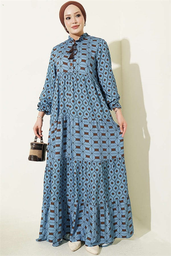 Blue Buttoned Dress with Neckline Tie