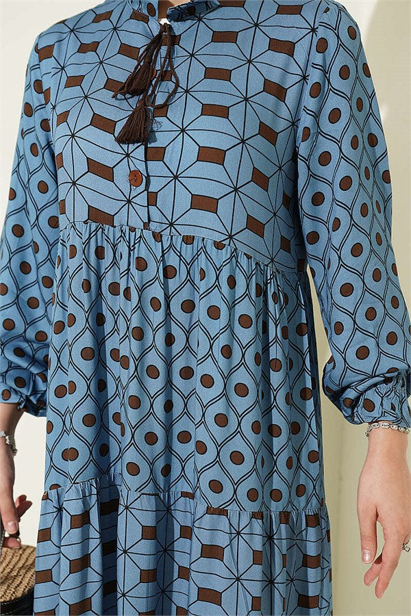 Blue Buttoned Dress with Neckline Tie
