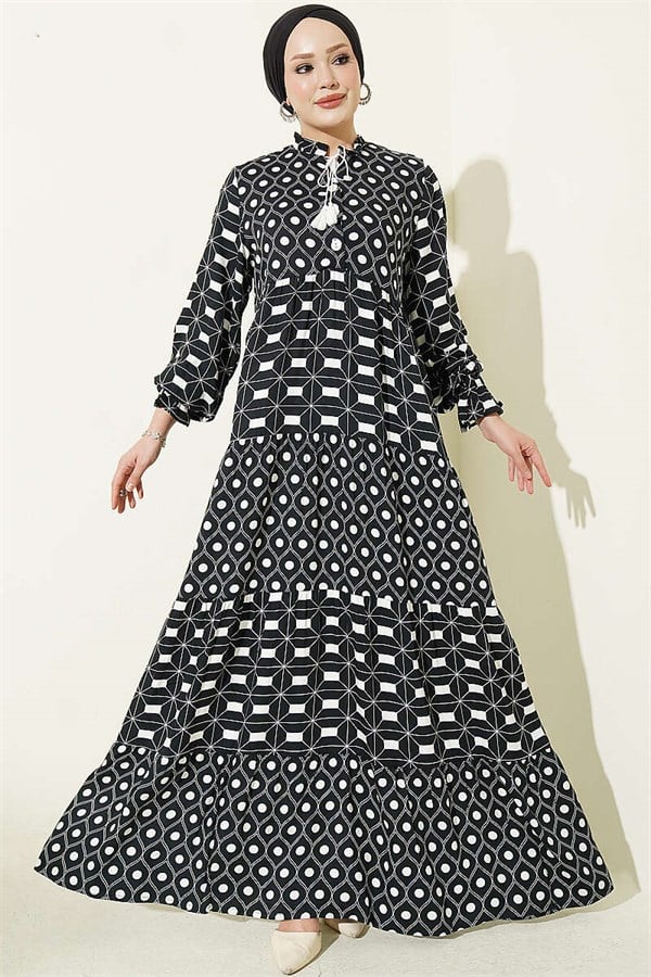 Black Buttoned Dress with Neckline Tie