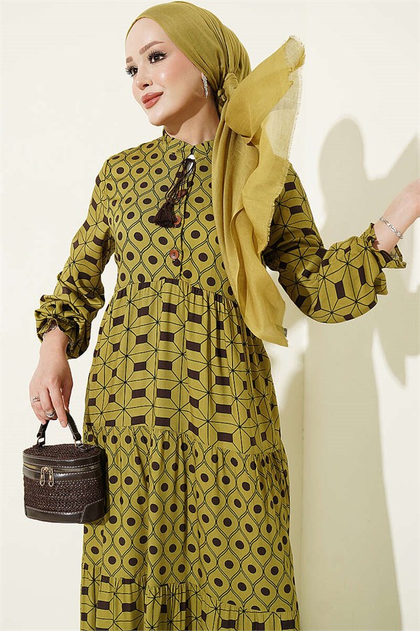 Lace-up Buttoned Dress in Olive Green