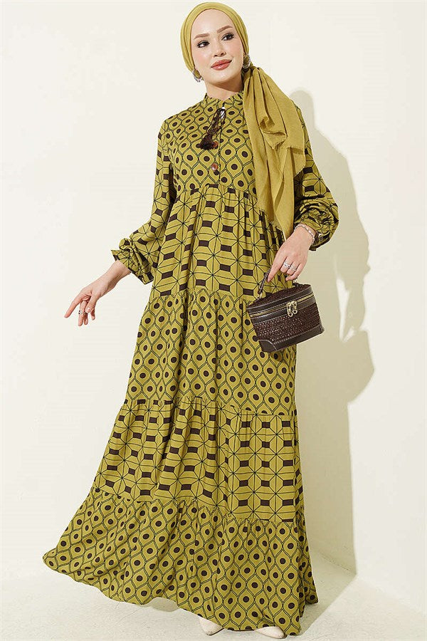 Lace-up Buttoned Dress in Olive Green