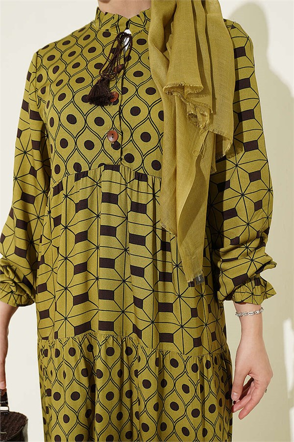 Lace-up Buttoned Dress in Olive Green