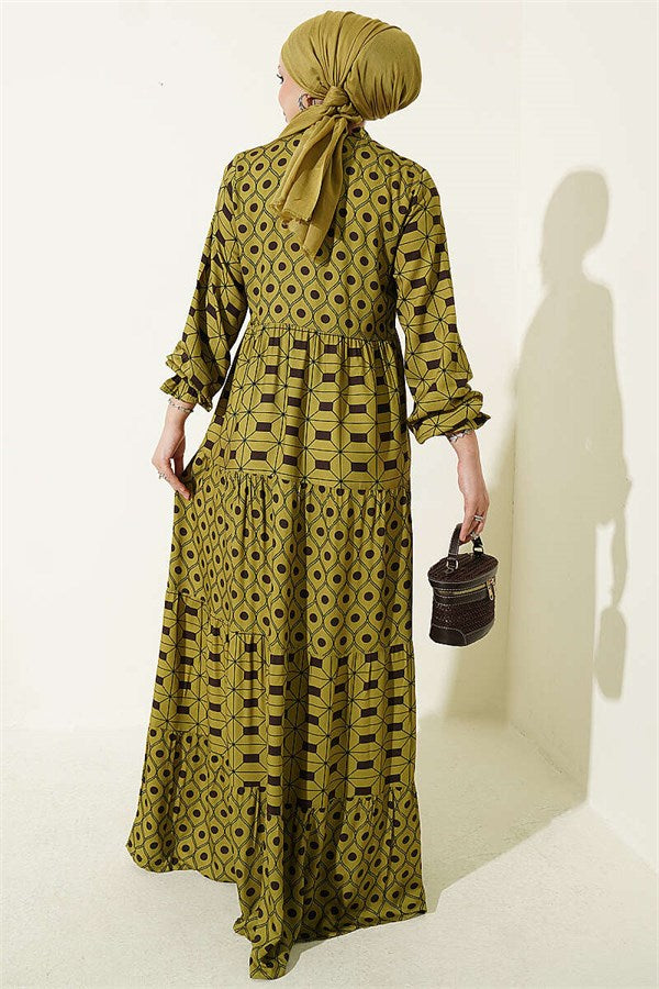 Lace-up Buttoned Dress in Olive Green