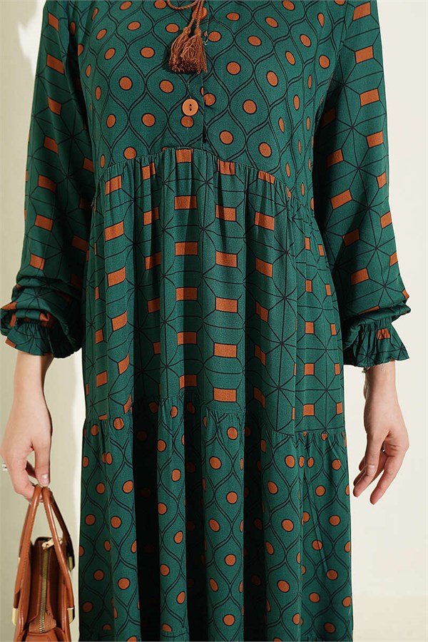 Emerald Green Buttoned Dress with Neckline Lace-up