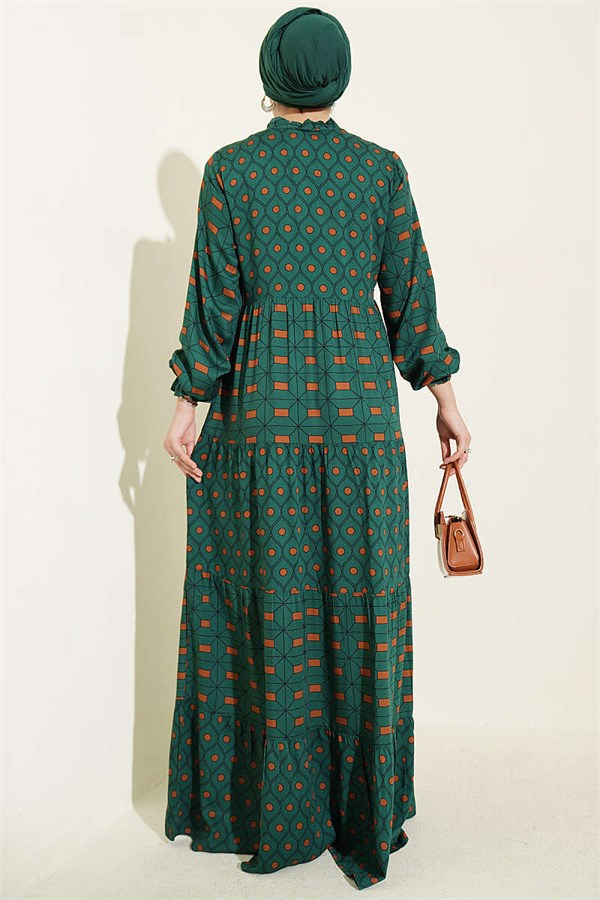 Emerald Green Buttoned Dress with Neckline Lace-up