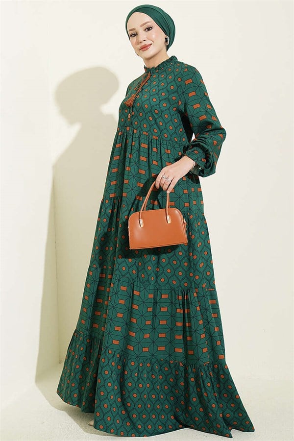 Emerald Green Buttoned Dress with Neckline Lace-up