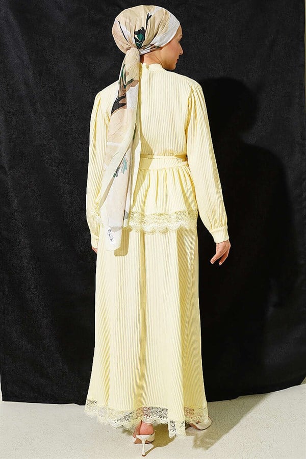 Yellow Lace-Up Corduroy Skirt 2 Piece Set