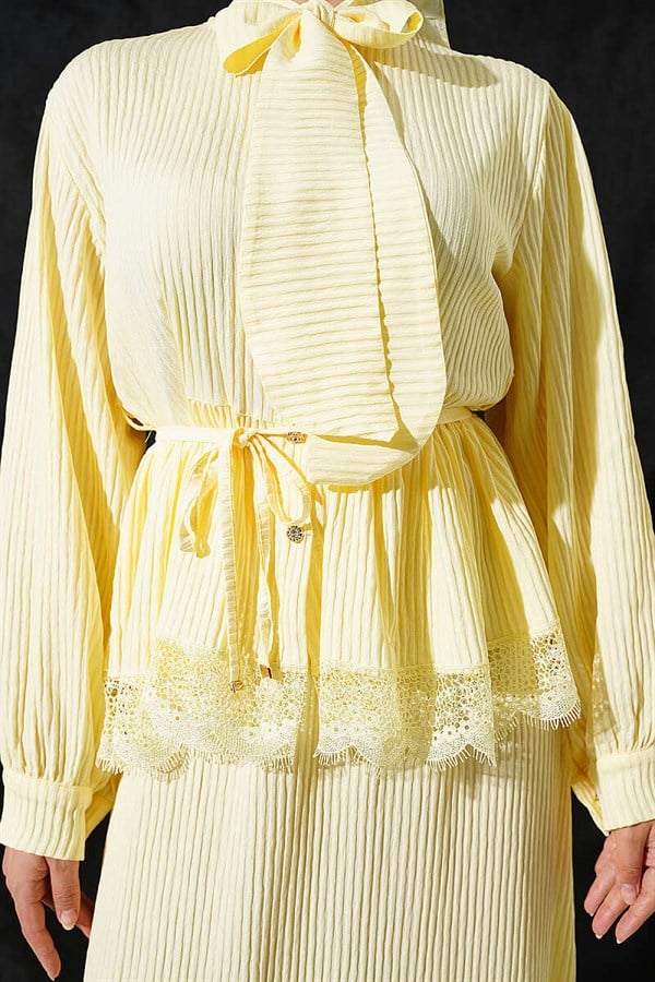 Yellow Lace-Up Corduroy Skirt 2 Piece Set