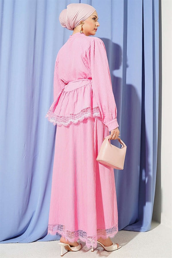 Pink Lace-Up Corduroy Skirt 2 Piece Set