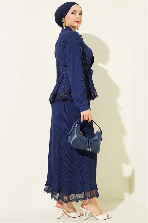 Navy Blue Lace-Up Corduroy Skirt 2 Piece Set